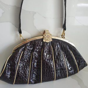 Vintage Glam Large Evening Clutch Bag Glossy Brown Croc Rhinestone Floral Accent